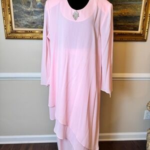 Dolce Pink Chiffon Tiered Maxi Dress Skirt Rhinestone Brooch Long Sleeve XL